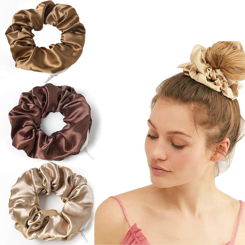 DINPREY Women's Premium Silk Scrunchies with Zipper Pouch, 9 Pcs Hair Ties Ropes, Secret Zipper Hidden Pocket Scrunchies, Tie Soft Stash Hair Elastic Ties for Vsco Girl Stuff - Image 3